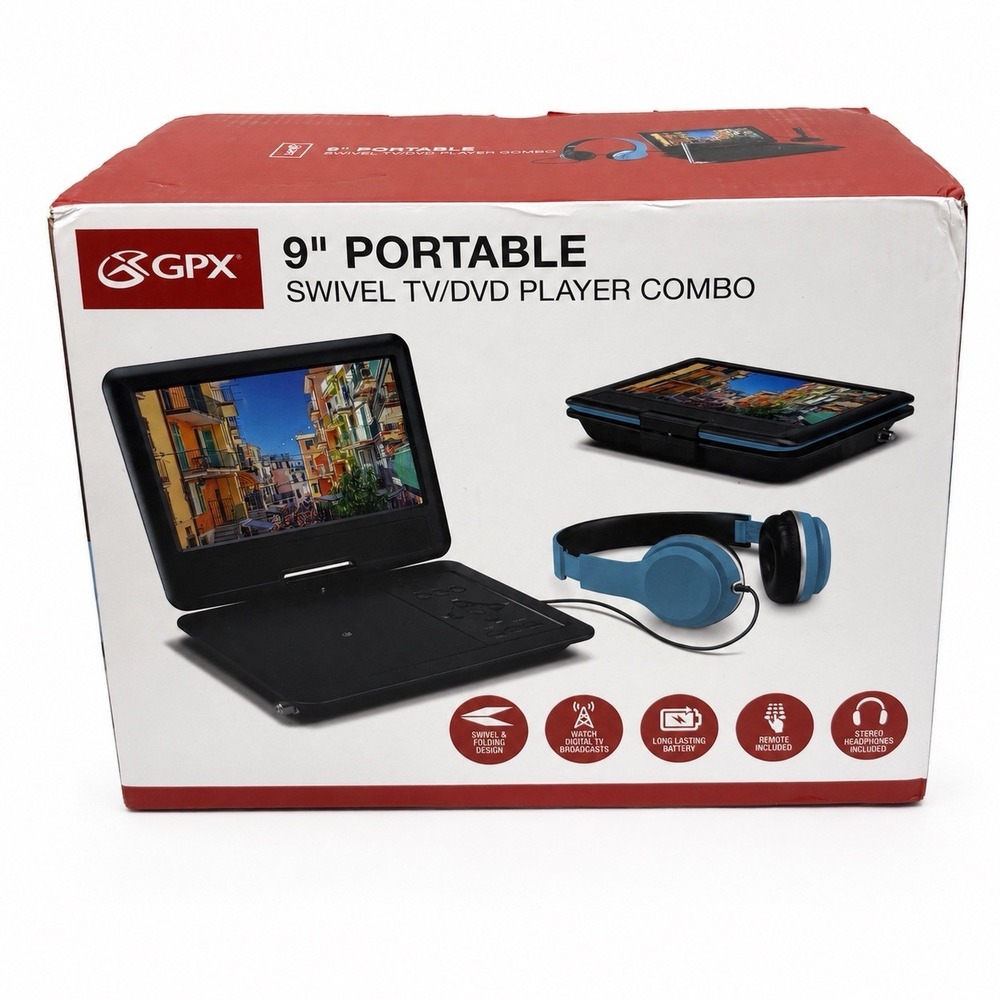 GPX PTDE954TL 9" LCD Portable Swivel TV DVD Player Combo w/ Headphones Remote